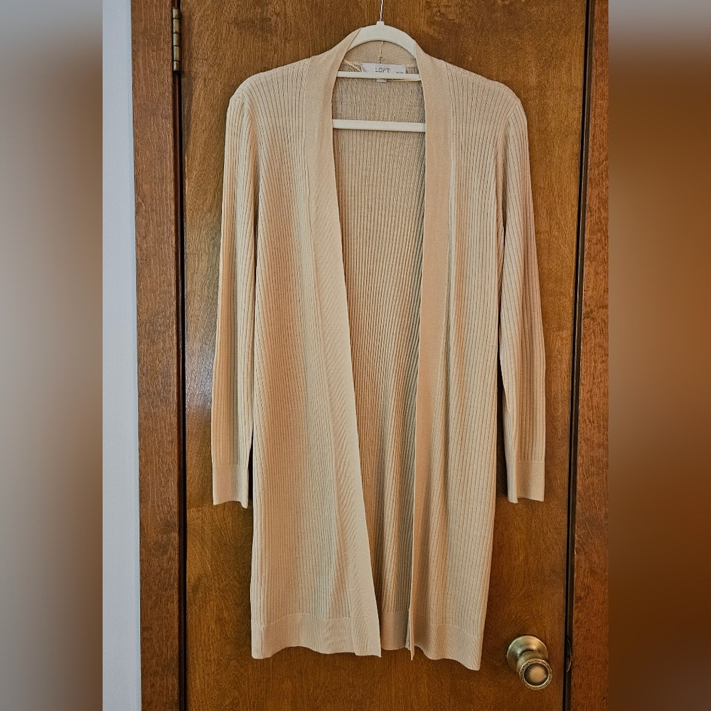 LOFT Petite Cream/Light Beige Long Ribbed Open Front Cardigan